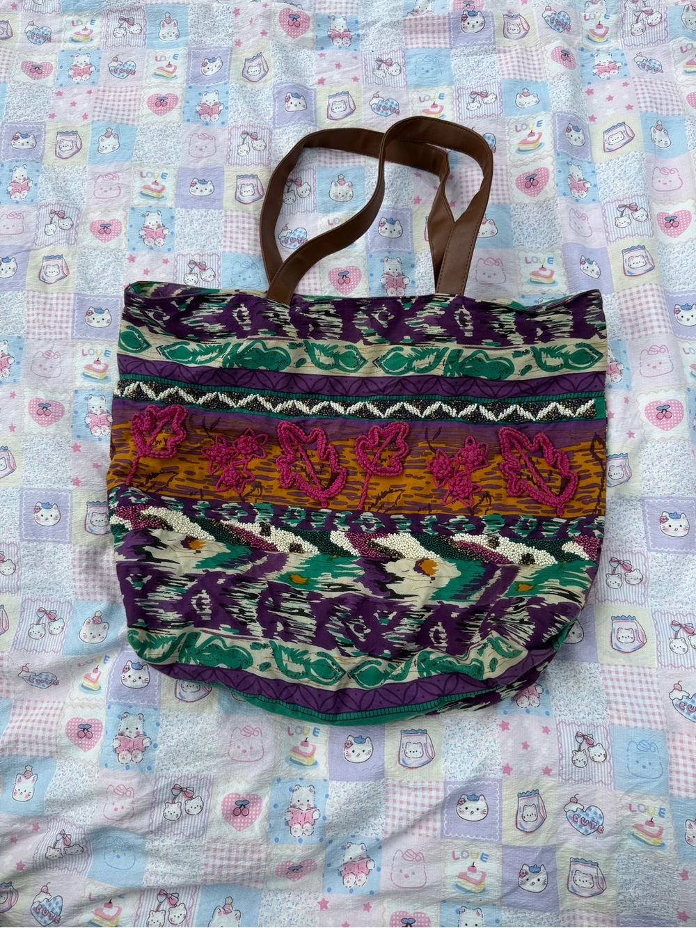 Cardamom + Coriander Boho beaded embroidered tote bag with brown leather straps